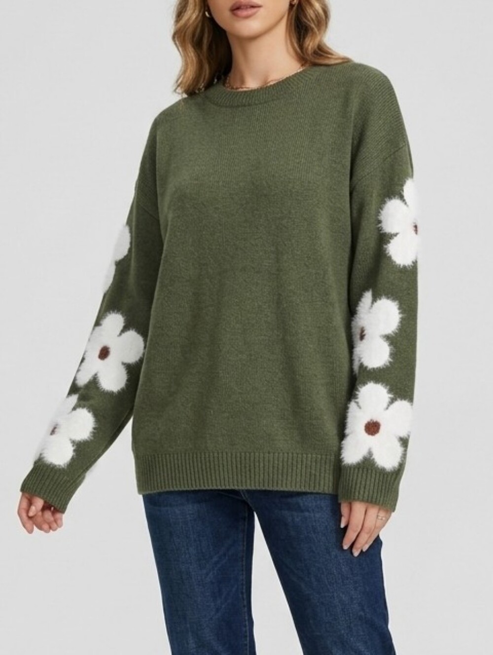 Olive Green Floral Daisy Sleeve Knit Pullover Sweater - Size Small - NWT